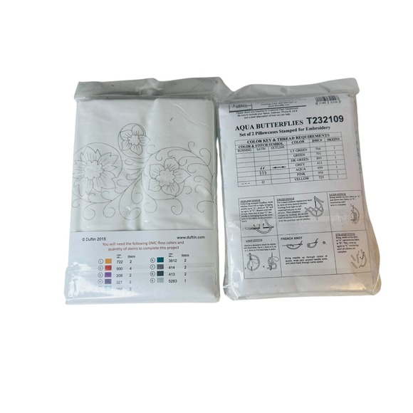 Pillowcases for Embroidery Flower‎ Bursts Aqua Butterflies Cross Stitch Kits NOS - Picture 2 of 2